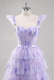 Lavender Corset Tiered Tulle Maxi Prom Dress with Slit