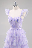 Lavender Corset Tiered Tulle Maxi Prom Dress with Slit