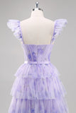 Lavender Corset Tiered Tulle Maxi Prom Dress with Slit