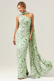 Green Flower One Shoulder Sheath Floral Bridesmaid Dress with Ribbon