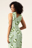 Green Flower One Shoulder Sheath Satin Floral Bridesmaid Dress