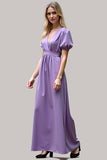 Purple V-Neck Short Sleeves A Line Long Formal Dress