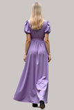 Purple V-Neck Short Sleeves A Line Long Formal Dress