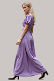 Purple V-Neck Short Sleeves A Line Long Formal Dress