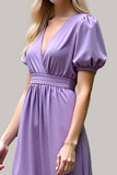 Purple V-Neck Short Sleeves A Line Long Formal Dress