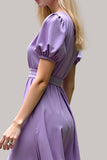 Purple V-Neck Short Sleeves A Line Long Formal Dress