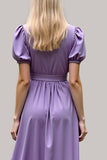 Purple V-Neck Short Sleeves A Line Long Formal Dress
