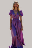 A Line Purple Puff Sleeves V Neck Maxi Formal Dress