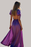 A Line Purple Puff Sleeves V Neck Maxi Formal Dress