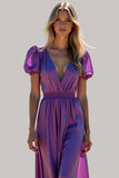 A Line Purple Puff Sleeves V Neck Maxi Formal Dress