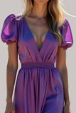 A Line Purple Puff Sleeves V Neck Maxi Formal Dress