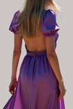 A Line Purple Puff Sleeves V Neck Maxi Formal Dress