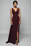 Cabernet V Neck Sheath Floor Length Formal Dress with Slit