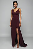 Cabernet V Neck Sheath Floor Length Formal Dress with Slit