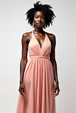 Blush Pink Halter A Line Chiffon Pleated Long Formal Dress