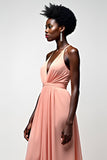 Blush Pink Halter A Line Chiffon Pleated Long Formal Dress