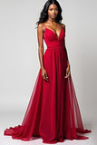 Red Spaghetti Straps A Line Floor Length Formal Dress