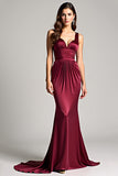 Elegant Burgundy Sheath Ruched Sweep Train Formal Dress