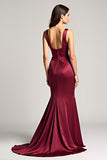 Elegant Burgundy Sheath Ruched Sweep Train Formal Dress