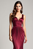 Elegant Burgundy Sheath Ruched Sweep Train Formal Dress