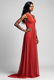 A Line Ruched Red V-Neck Backless Floor Length Formal Dress