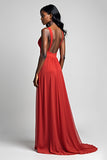 A Line Ruched Red V-Neck Backless Floor Length Formal Dress