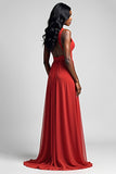 A Line Ruched Red V-Neck Backless Floor Length Formal Dress