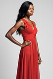 A Line Ruched Red V-Neck Backless Floor Length Formal Dress