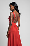 A Line Ruched Red V-Neck Backless Floor Length Formal Dress