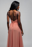 Watermelon A Line V Neck Ruched Chiffon Floor Length Bridesmaid Dress