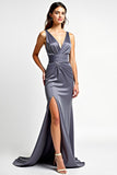 Sheath V-Neck Steel Grey Ruched Floor Length Formal Dress with Slit