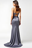 Sheath V-Neck Steel Grey Ruched Floor Length Formal Dress with Slit