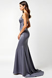 Sheath V-Neck Steel Grey Ruched Floor Length Formal Dress with Slit