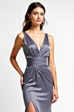 Sheath V-Neck Steel Grey Ruched Floor Length Formal Dress with Slit