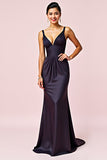 Elegant Navy Sheath V-Neck Backless Floor Length Black Tie Dress