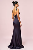 Elegant Navy Sheath V-Neck Backless Floor Length Black Tie Dress