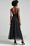 Black A Line Spaghetti Straps Tea Length Chiffon Bridesmaid Dress