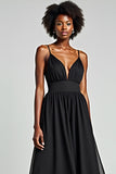 Black A Line Spaghetti Straps Tea Length Chiffon Bridesmaid Dress