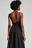 Black A Line Spaghetti Straps Tea Length Chiffon Bridesmaid Dress