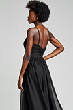 Black A Line Spaghetti Straps Tea Length Chiffon Bridesmaid Dress