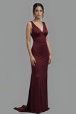 Cabernet V-Neck Sheath Satin Floor Length Formal Dress