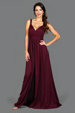 A Line Cabernet V Neck Pleated Long Formal Dress