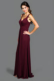 A Line Cabernet V Neck Pleated Long Formal Dress