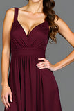 A Line Cabernet V Neck Pleated Long Formal Dress