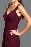 A Line Cabernet V Neck Pleated Long Formal Dress