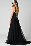 Glitter Black Corset A Line Sweep Train Formal Dress