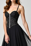 Glitter Black Corset A Line Sweep Train Formal Dress
