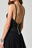 Glitter Black Corset A Line Sweep Train Formal Dress