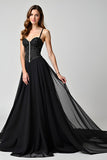Glitter Black Corset A Line Sweep Train Formal Dress