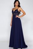 Navy Spaghetti Straps Corset A-Line Formal Dress with Slit